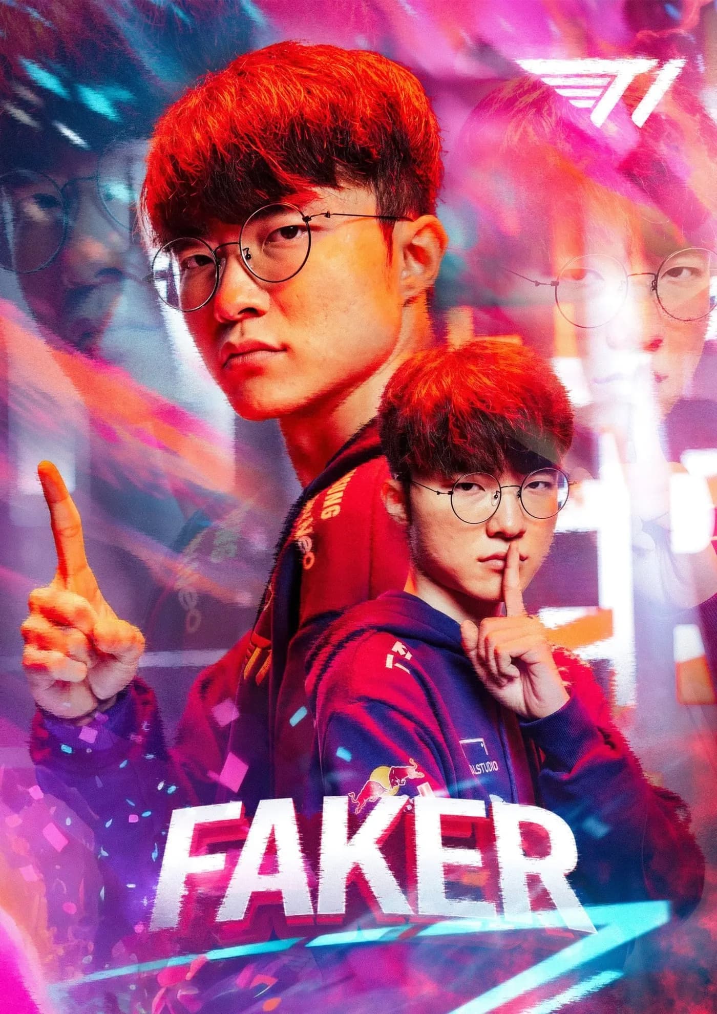 Poster esports với hai chân dung tuyển thủ Faker trên nền hồng tím