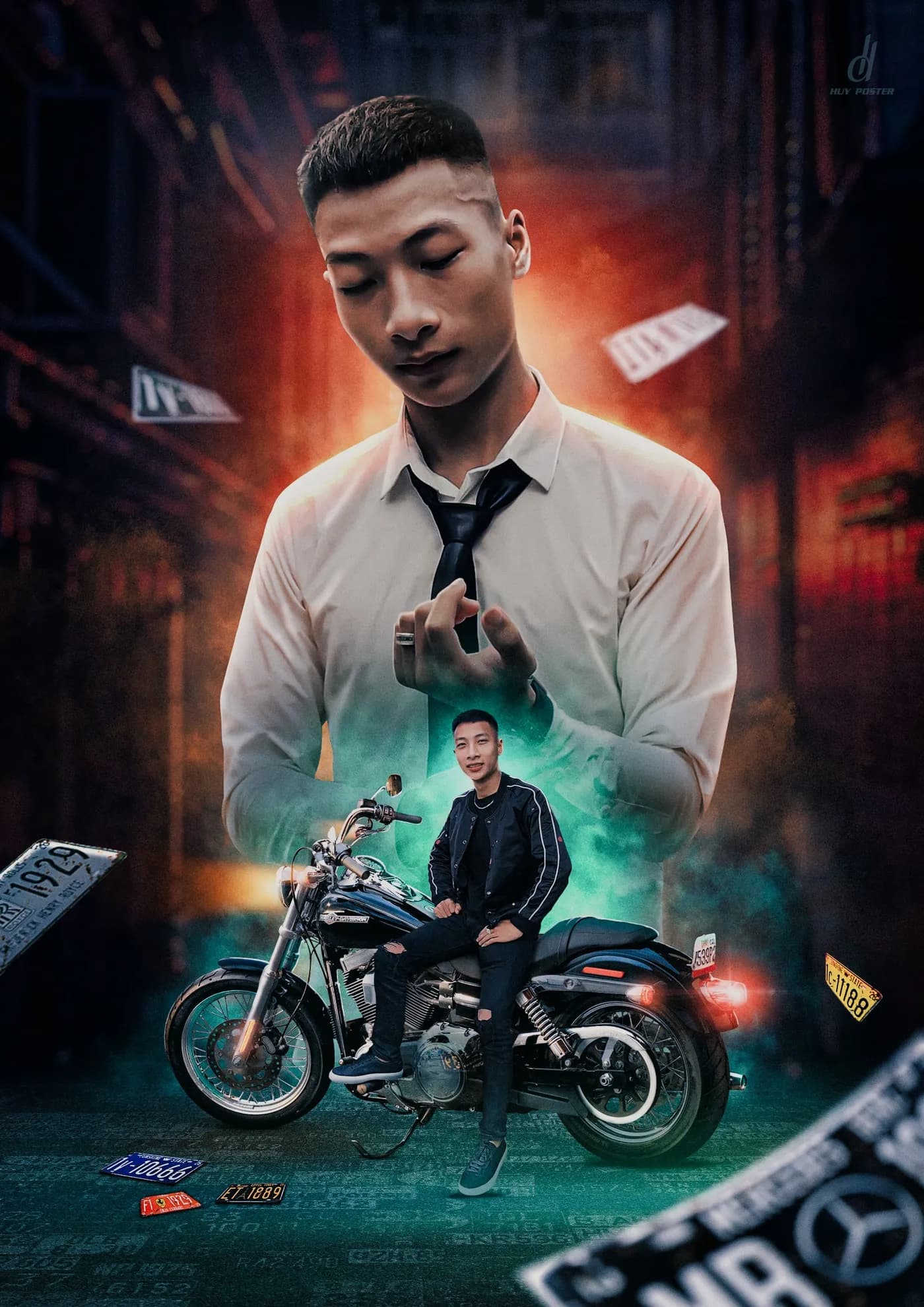 Poster điện ảnh với nhân vật nam và xe máy trong phố đêm