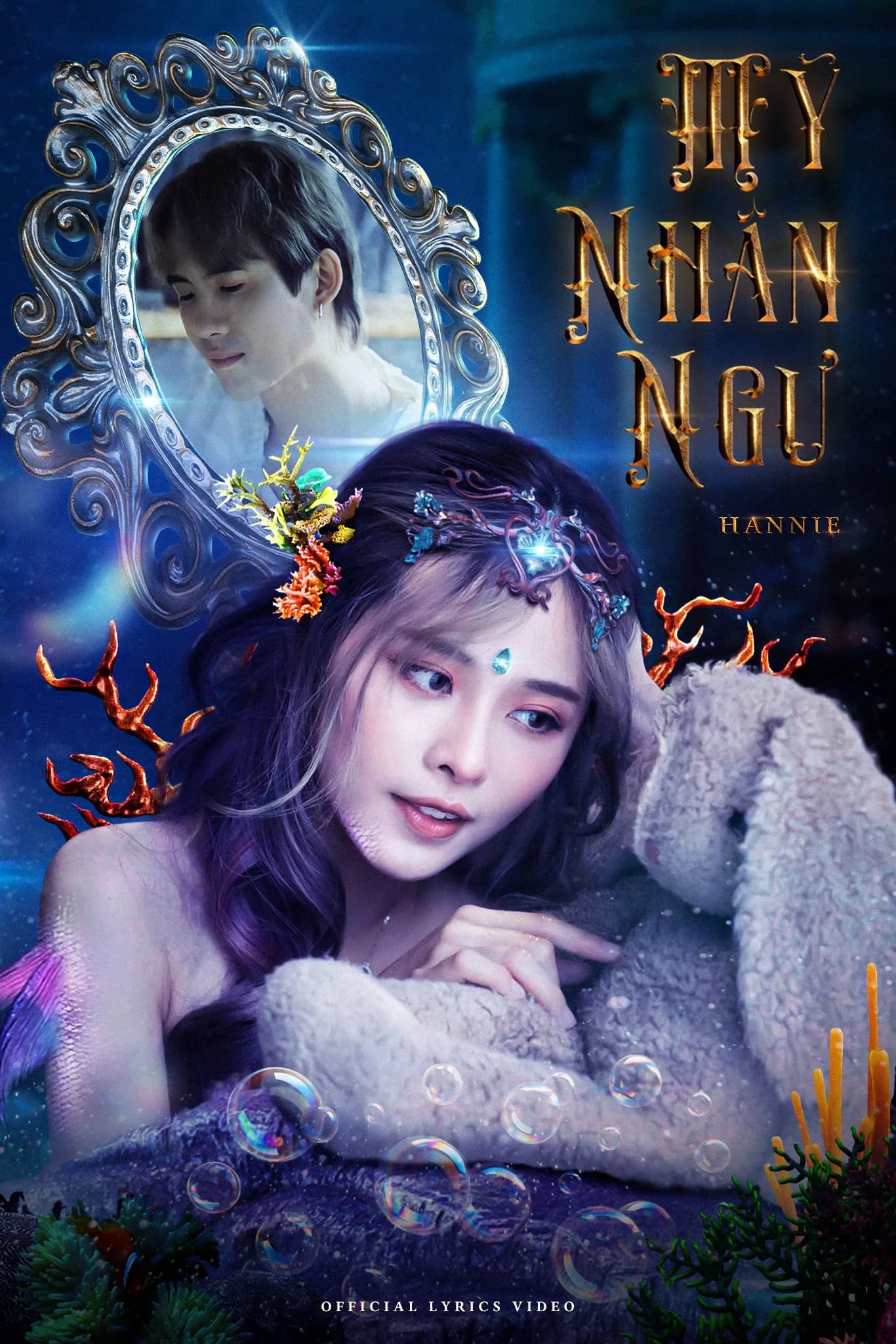 Poster chân dung cô gái với hoa văn và ánh sáng xanh huyền ảo