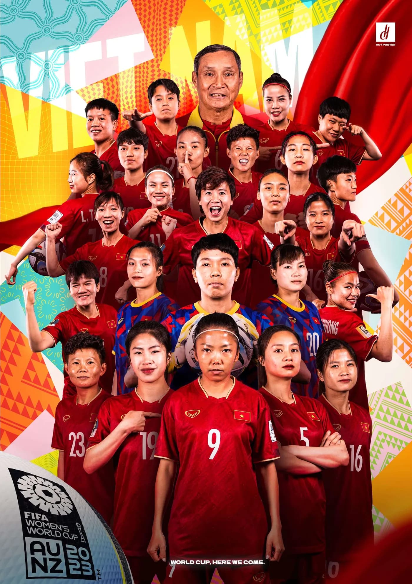 Poster đội tuyển bóng đá nữ Việt Nam với nhiều cầu thủ trên nền đỏ