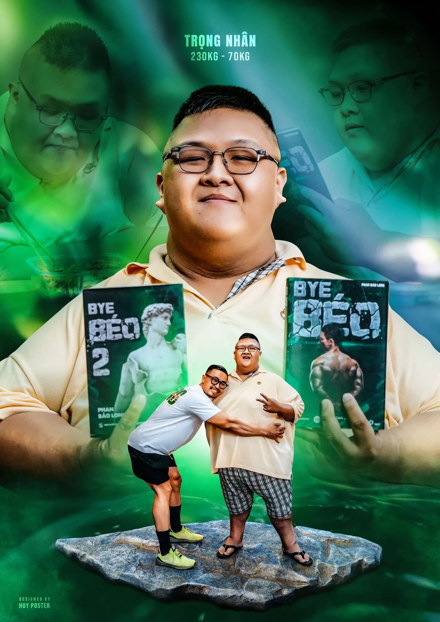 Poster Bye Béo với nhân vật nam và các hình ảnh tập luyện trên nền xanh
