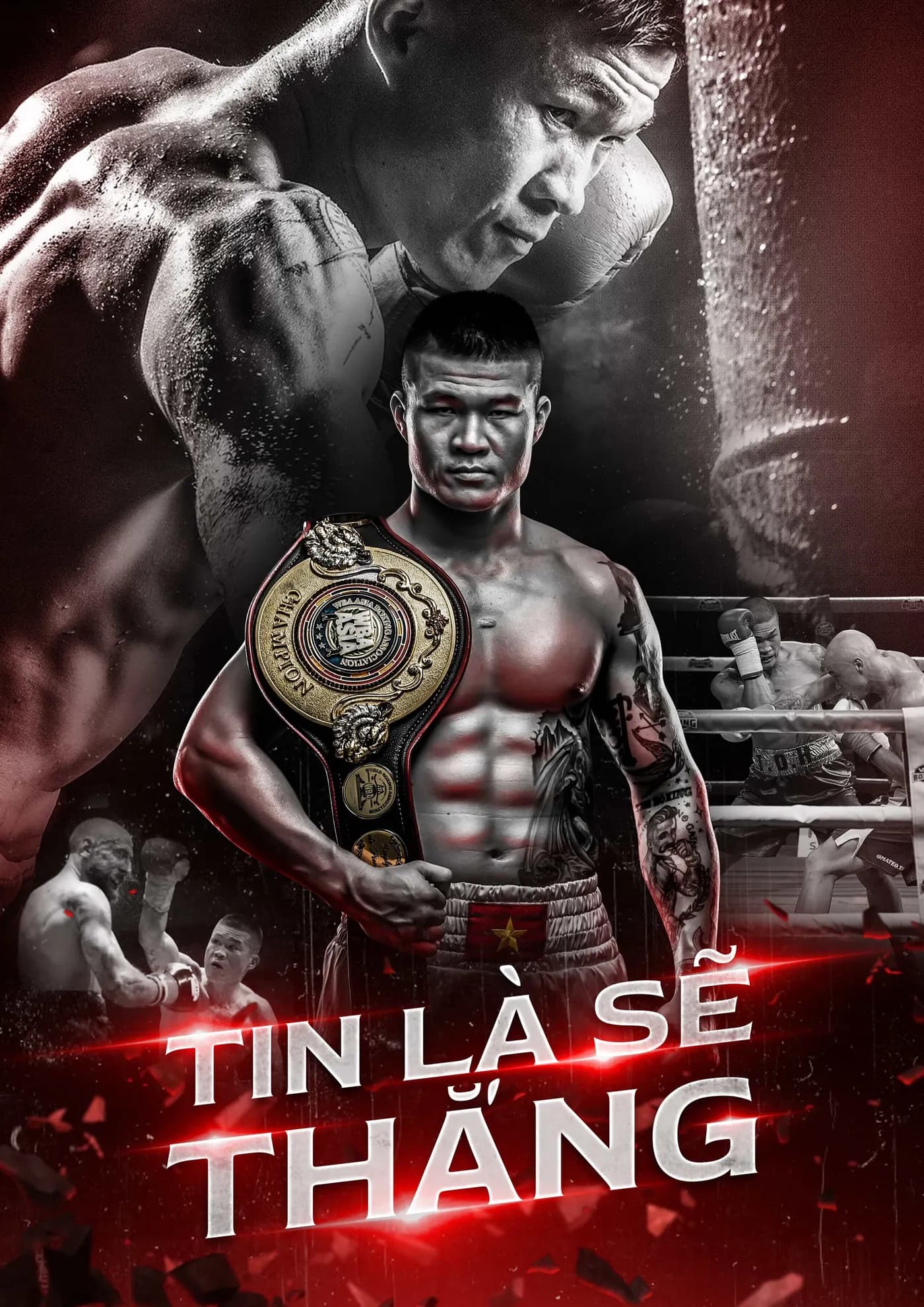 Poster quyền anh với võ sĩ đeo đai vô địch trên nền đen đỏ