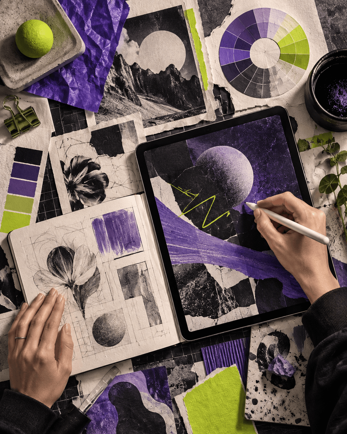 Bàn làm việc với sketchbook, bảng màu tím lime và bảng vẽ cho dự án thiết kế