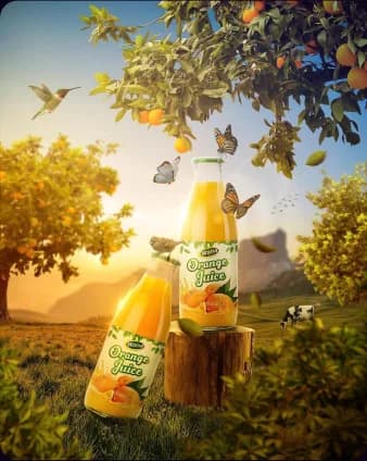 Poster quảng cáo chai nước trái cây trong khu vườn ngập nắng