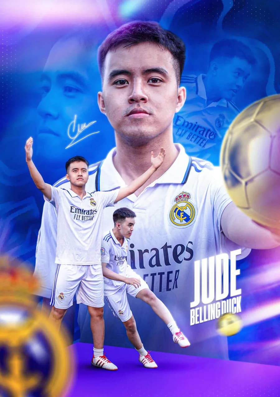 Poster bóng đá Real Madrid với cầu thủ trong khung cảnh xanh