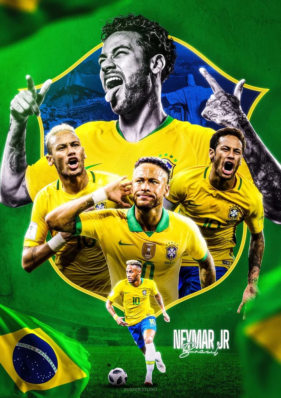 Poster bóng đá đội tuyển Brazil với Neymar Jr.