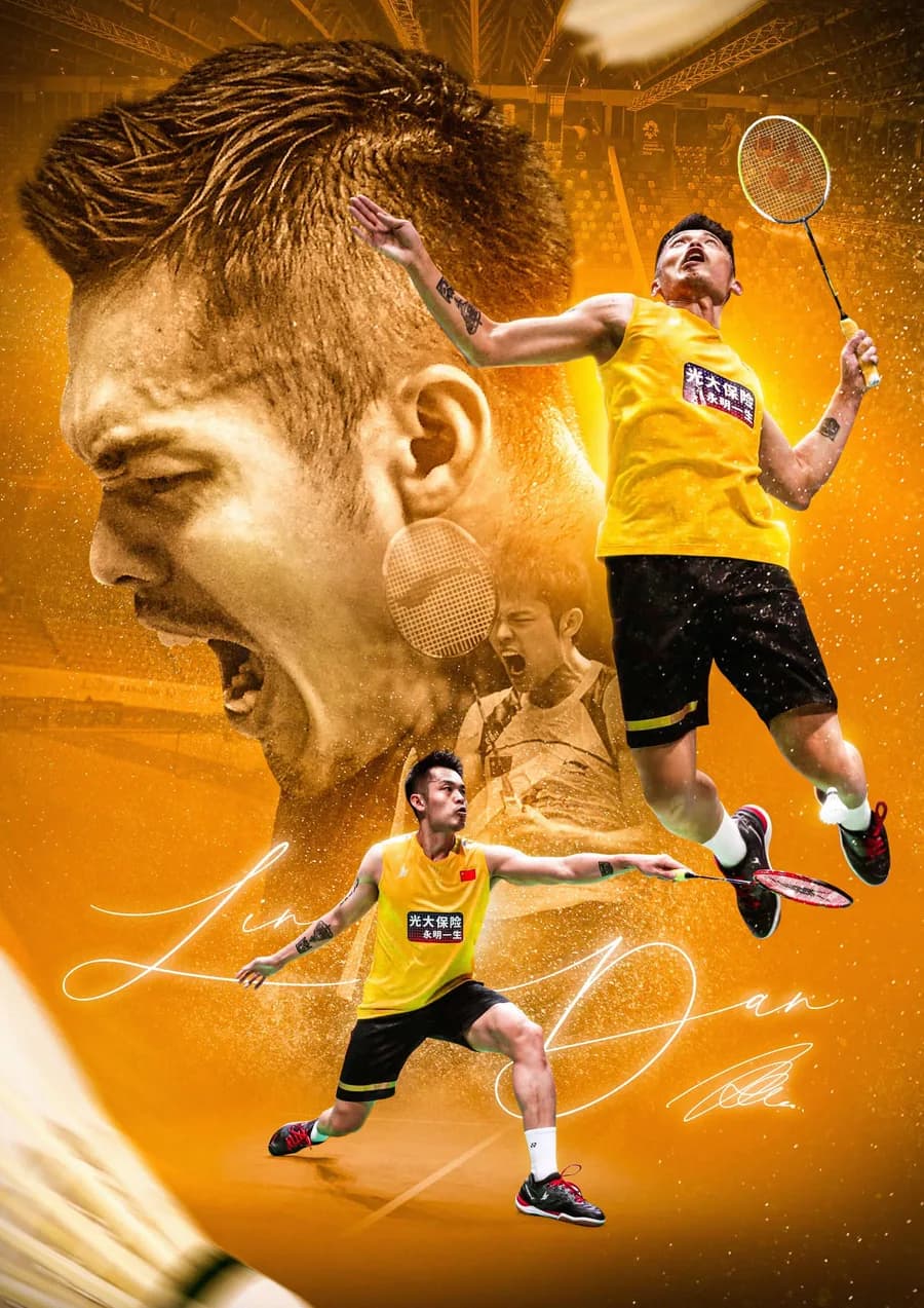 Poster cầu lông tông cam với vận động viên đang thi đấu
