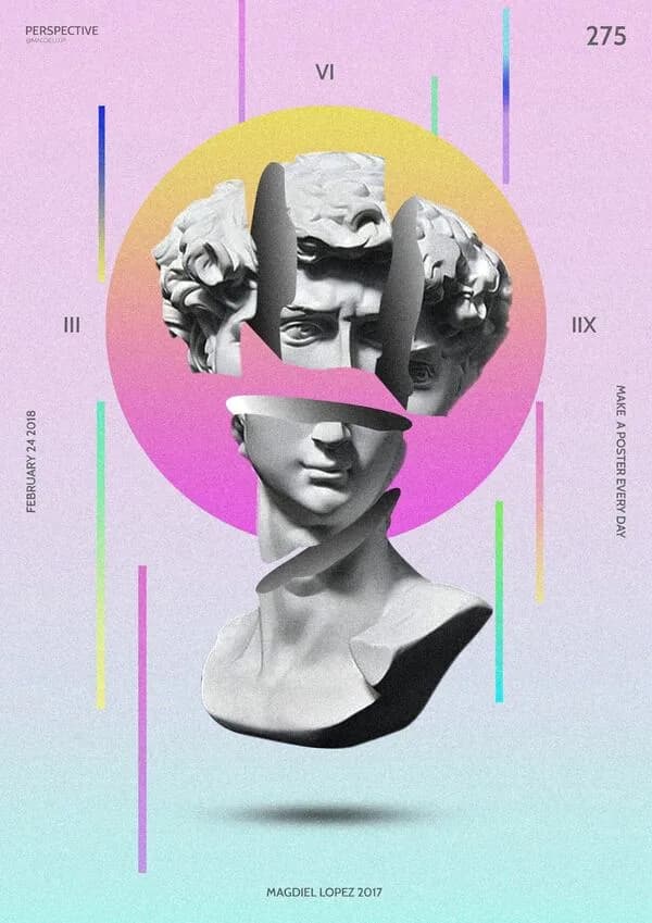 Poster thiết kế typography với tượng điêu khắc và hình tròn màu