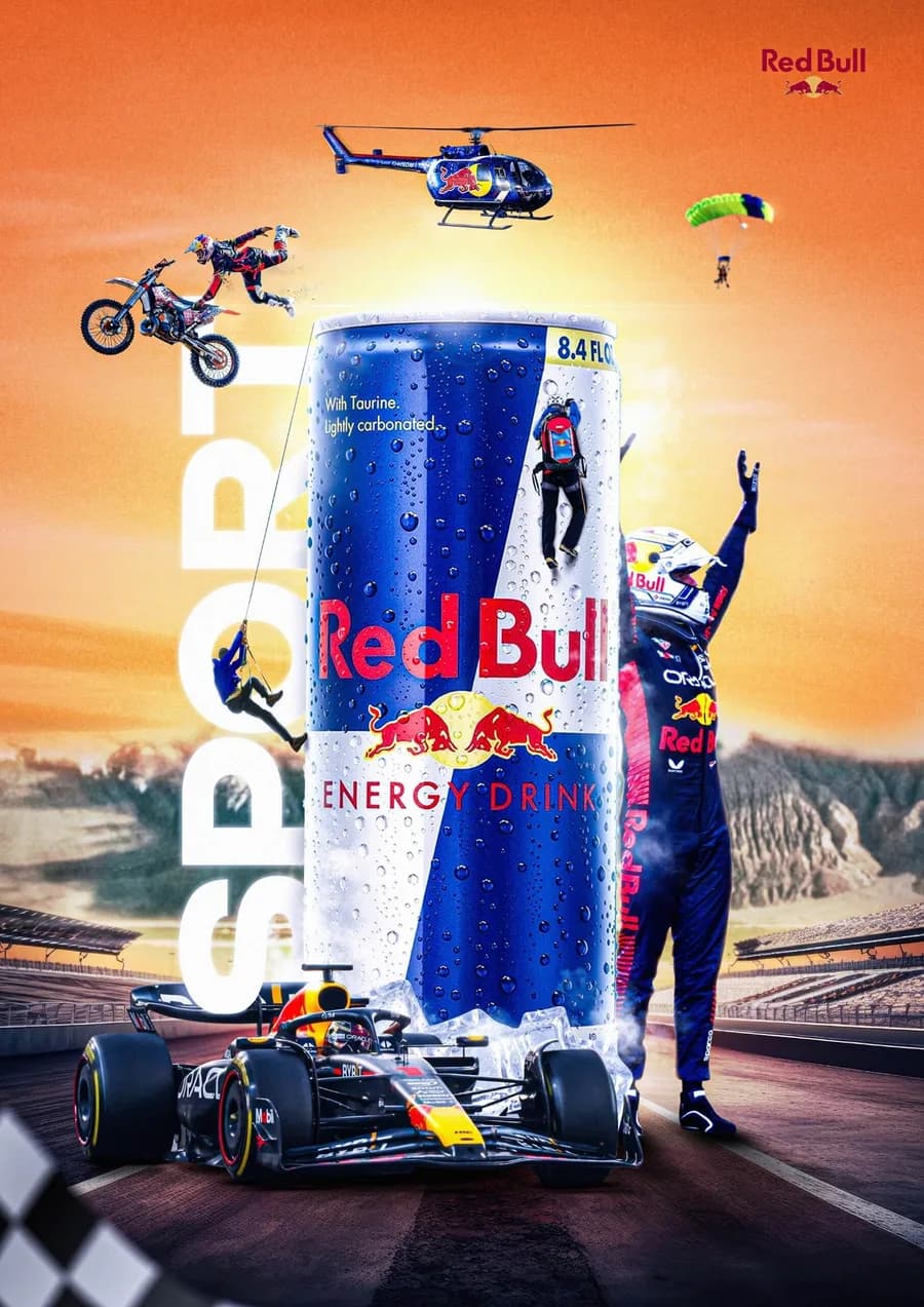 Poster quảng cáo Red Bull bên đường đua xe